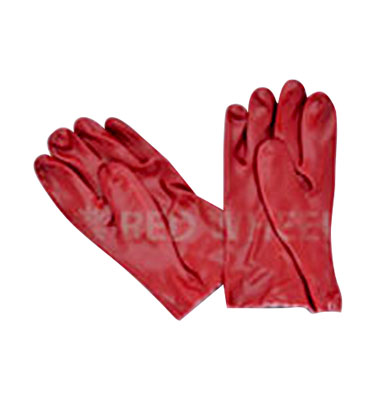 A standard pair of protective gloves made of polyvinyl chloride (PVC).
